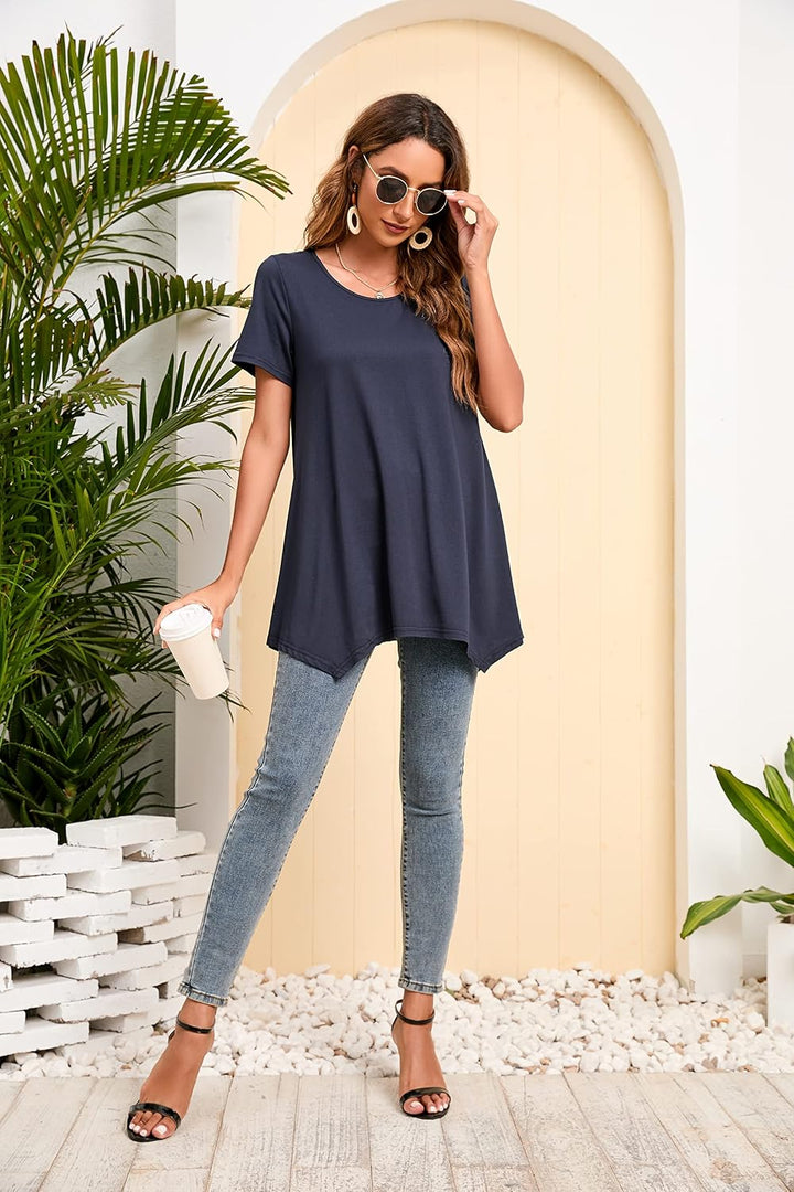 Enmain Damen Tunika Shirt Langarm/Kurzarm Bluse mit Blumen Longshirt Casual Elegante 3/4 Ärmel Rundh