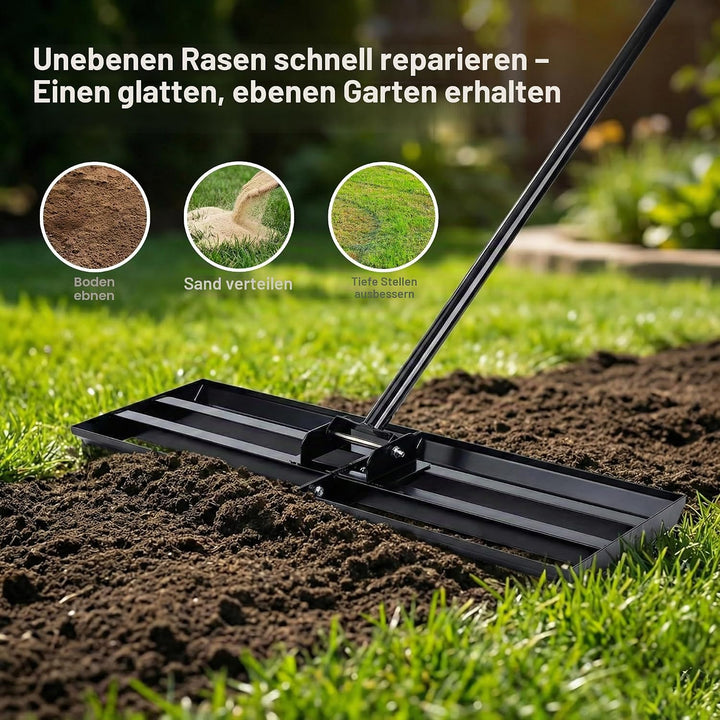 Rasen-Nivellierungsrechen 75x25 cm mit 2 m verstellbarem Stiel – Stabiler Rasenglätter & Nivellierre