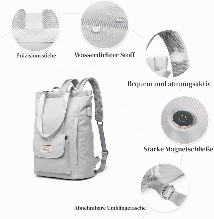 PORRASSO Damen Laptop Rucksack Casual Schultertasche mit USB Ladeanschluss Gepäckband Schultasche fü