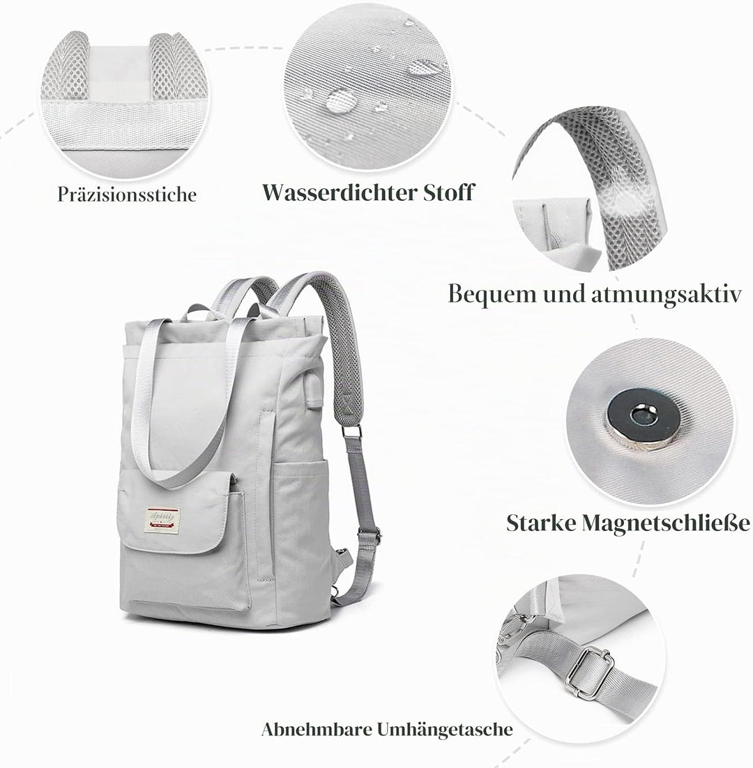 PORRASSO Damen Laptop Rucksack Casual Schultertasche mit USB Ladeanschluss Gepäckband Schultasche fü