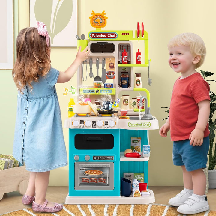 HOMASIS Spielküche mit 54 Zubehör, Kinderküche mit Licht, Sound & Dampf, Spielzeugküche mit Herd Was