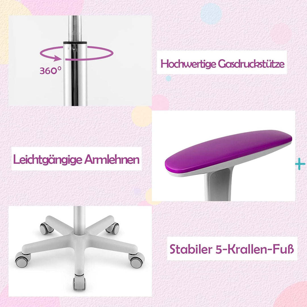 COSTWAY 360° Drehbarer Kinderschreibtischstuhl, 80-91,5 cm Höhenverstellbarer Jungendstuhl mit Rücke