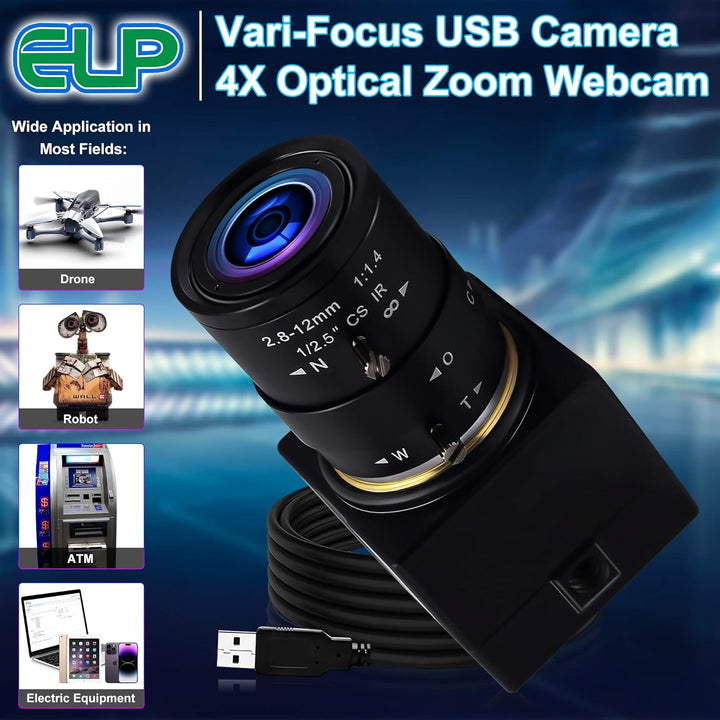 G 0.01LUX USB Kamera 4facher optischer Zoomen Webcam,2.8-12mm Varifokus Webkamera,2MP H.264 manuelle