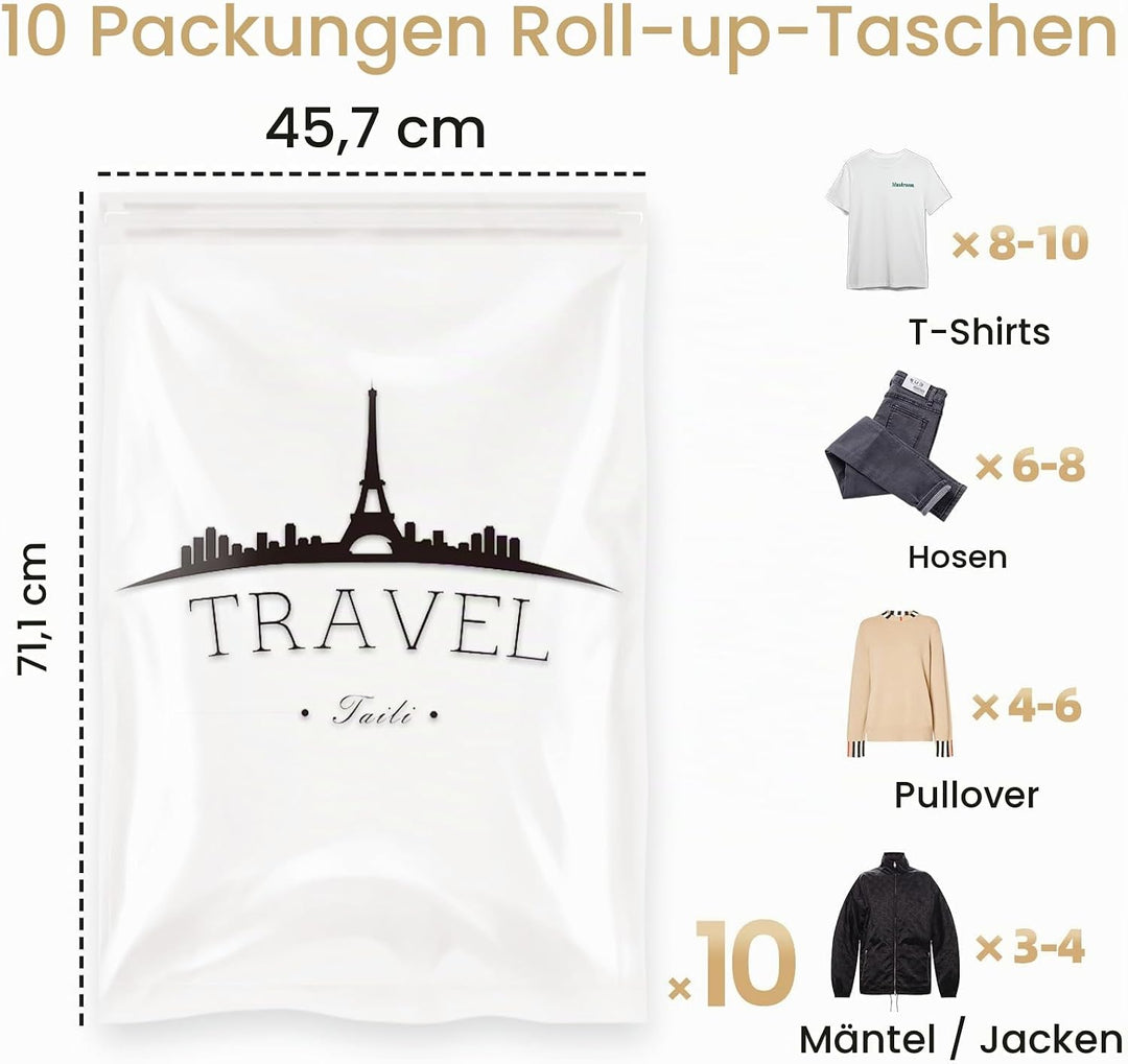 TAILI Vakuumbeutel Set Reise 10 Stück 40 x 60 CM Travel Vakuumbeutel für Kleidung zum Rollen Vakuum