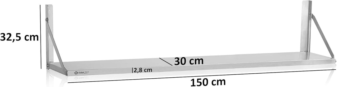 Mahlzeit Edelstahl Wandregal | 150 x 30 cm | Hängeregal, Klappbar | Silber | Ablage Edelstahl Regal