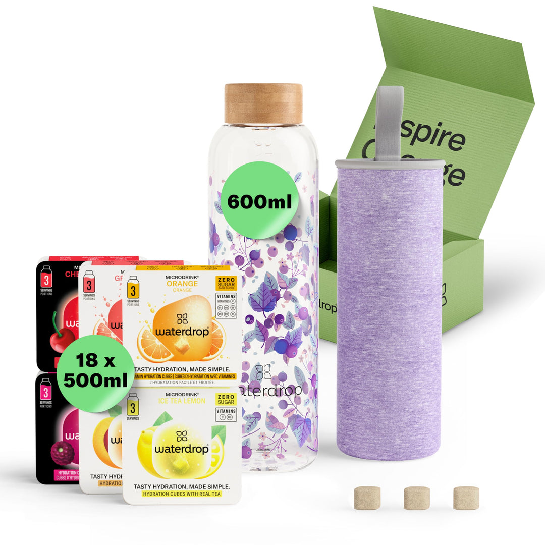 waterdrop® Starter Set Glass – Trinkflasche – 18 zuckerfrei Getränkewürfel zum Auflösen – 6 fruchtig