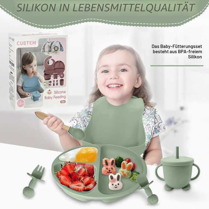 Baby Geschirrset,12er Set Kindergeschirr, Babylöffel,Trinklernbecher,Silikon Lätzchen,Baby Teller Ki