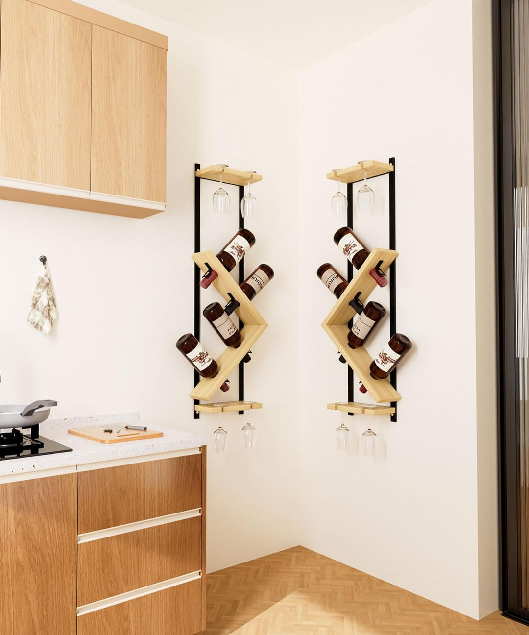 Yorbay Wand Holz Weinregal mit Glashalter: Schmales Design-Flaschenregal mit Metallrahmen für 4 Wein