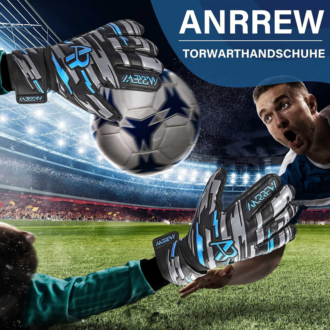 Anrrew Fussball Torwarthandschuhe mit Fingerschutz und doppeltem Handgelenkschutz. Torwarthandschuhe