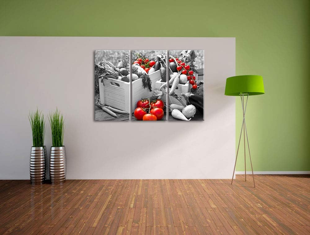 Pixxprint Gemüse in Holzkisten als Leinwandbild | Grösse: 3 Teilig (120x80) | Wandbild| Kunstdruck |