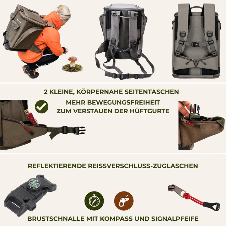 Pilz Tasche [38L Volumen &amp; Belüftetes Mesh-System] | Pilztasche mit stabiler Struktur &amp; Tragesystem