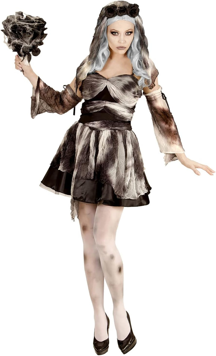 "DEATH BRIDE" (dress, sleeves, headpiece with black roses & veil) - (M), M