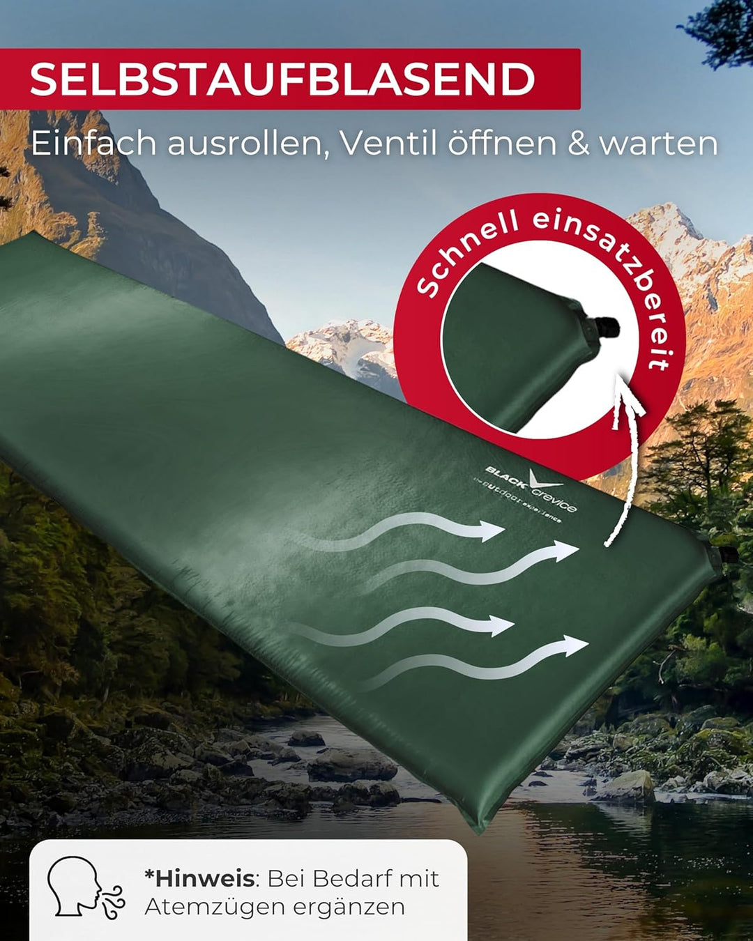 Black Crevice selbstaufblasbare Luftmatratze I Isomatte selbstaufblasend I Outdoor-Isomatte I aufbla
