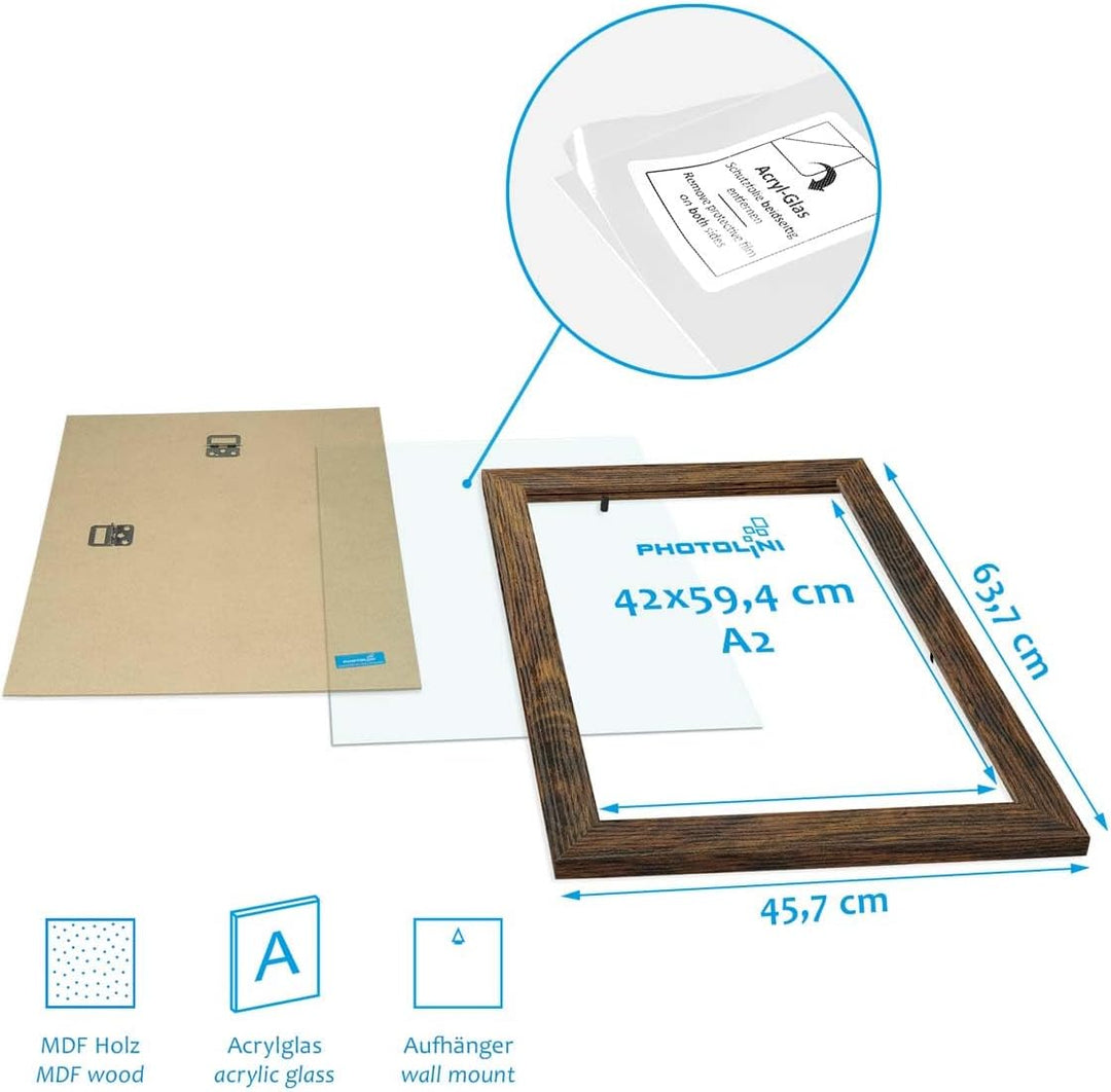 PHOTOLINI Bilderrahmen A2 42x59,4 cm MDF-Holz Eiche Dunkel, breite Rahmen, 3er Set, modern, bruchsic