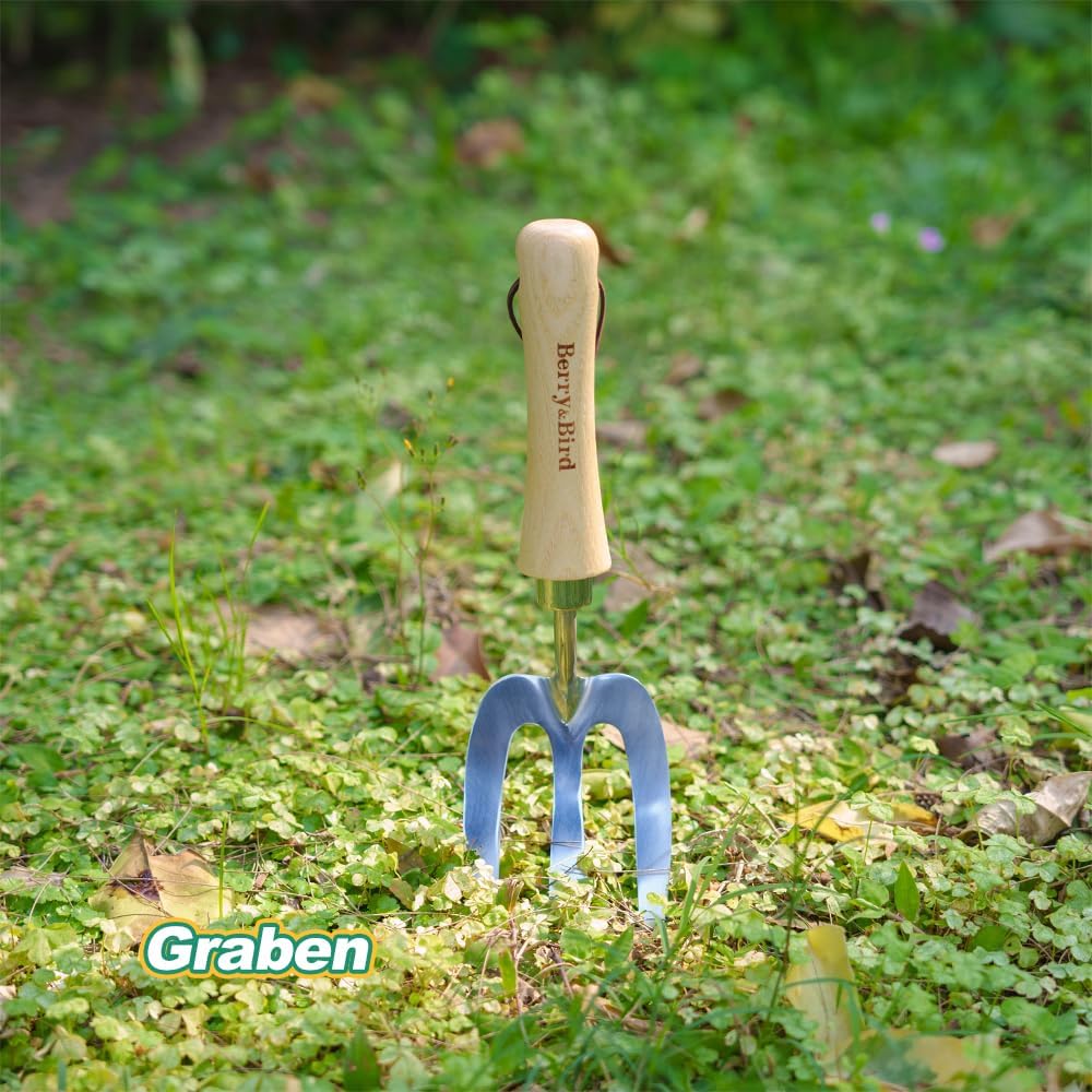 Berry&Bird Classic Blumengabel 30,7 cm - Grabegabel aus hochwertigem Edelstahl mit kurzem Holzgriff,
