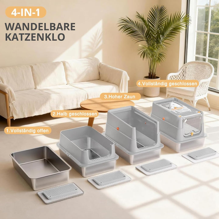 Katzentoilette aus Edelstahl, XXL geschlossene Katzentoilette mit Deckel, leicht zu reinigen, hochse