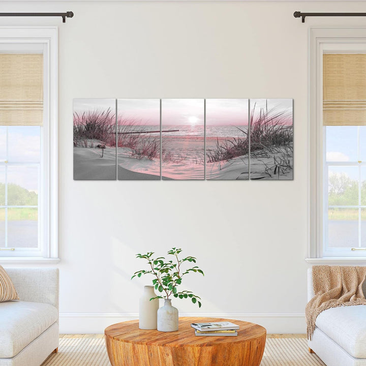 Runa Art Wandbild XXL Strand Sonnenuntergang Schlafzimmer Wohnzimmer 200 x 80 cm Rosa Grau 5 Teilig