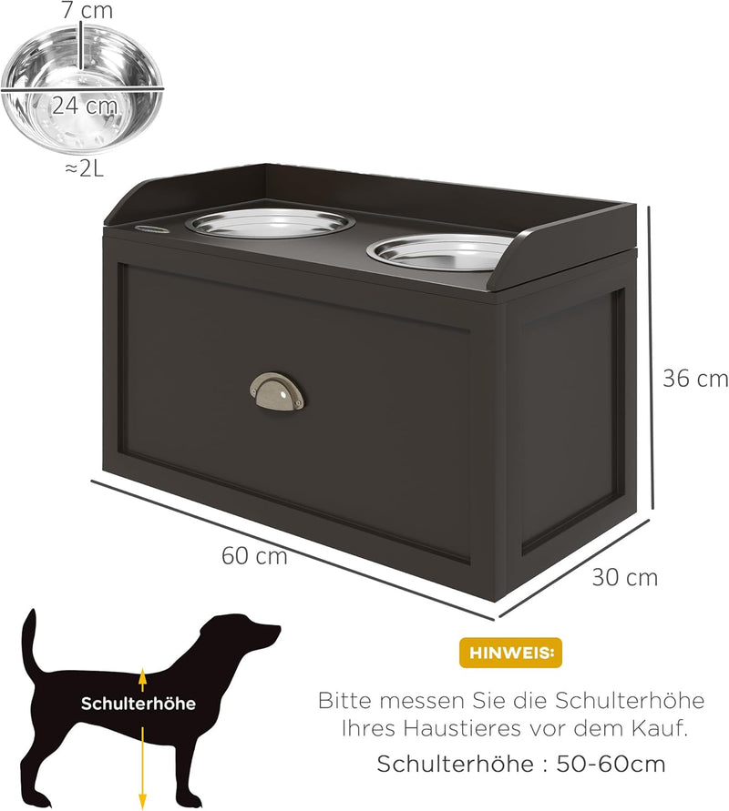 PawHut Hundenapf, 2 x 2L Futternapf, erhöhter Fressnapf mit Schublade, Edelstahlnapf, Futterstation