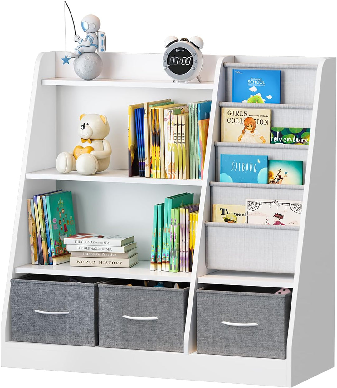 KEEPREAPER Kinderregal mit 3 Aufbewahrungsboxen, Bücherregal Kinder aus Holz mit 4 Ablage & 3 offnen