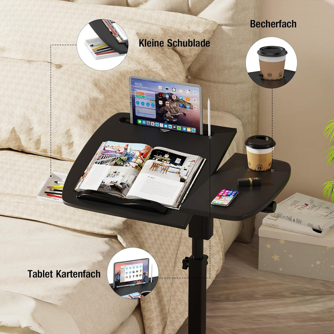 Mobiler Beistelltisch, 60x40cm, Betttisch auf Rollen, Höhenverstellbar 59-89cm, Krankenbett Beistell