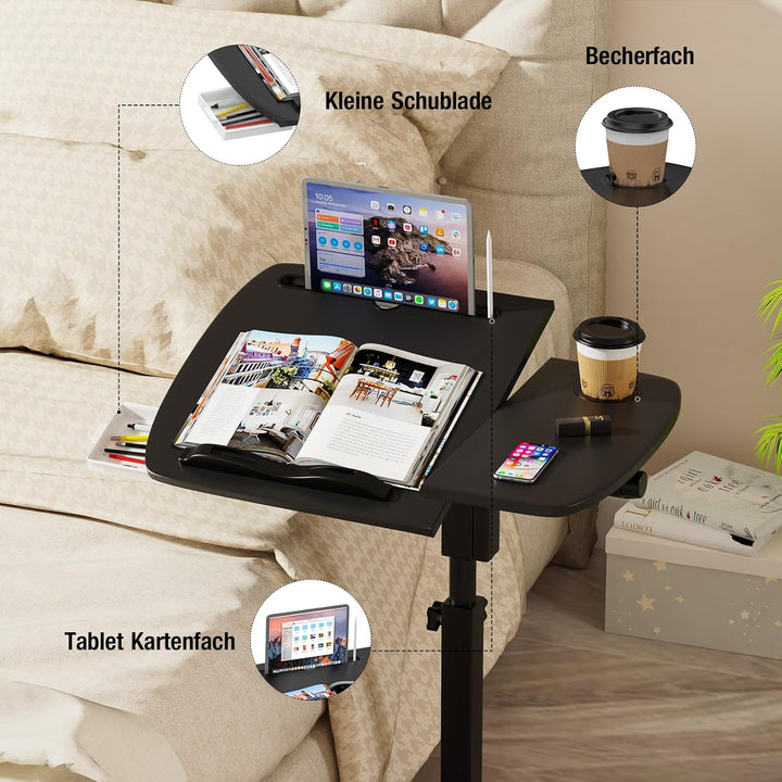 Mobiler Beistelltisch, 60x40cm, Betttisch auf Rollen, Höhenverstellbar 59-89cm, Krankenbett Beistell