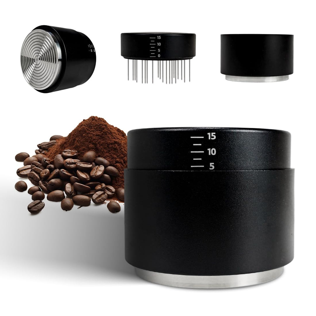 Espresso Tamper 53mm, 3-in-1 Kaffeeverteiler mit WDT Werkzeug, Einstellbare Tiefe Kaffeestempel mit