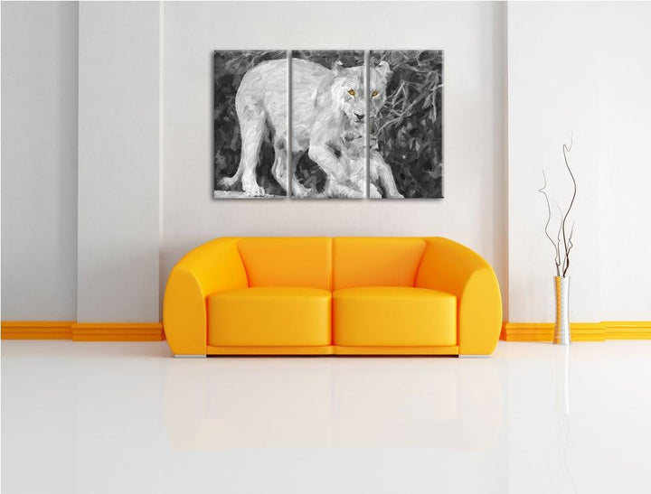 liebevolle Löwin spielt mit Jungtier schwarz/weiss Deluxe 3-Teiler Leinwandbild 120x80 Bild auf Lein