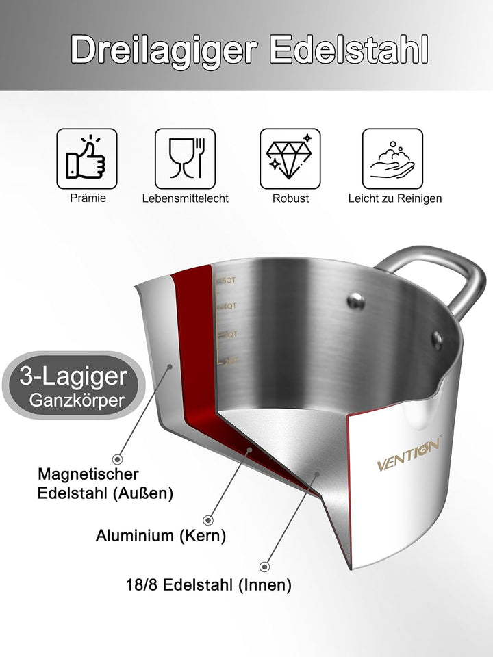 VENTION Dreilagiger Edelstahl-Kochtopf mit Glassiebdeckel, 5.3 Liter Mehrzweck-Pastatopf, Induktions