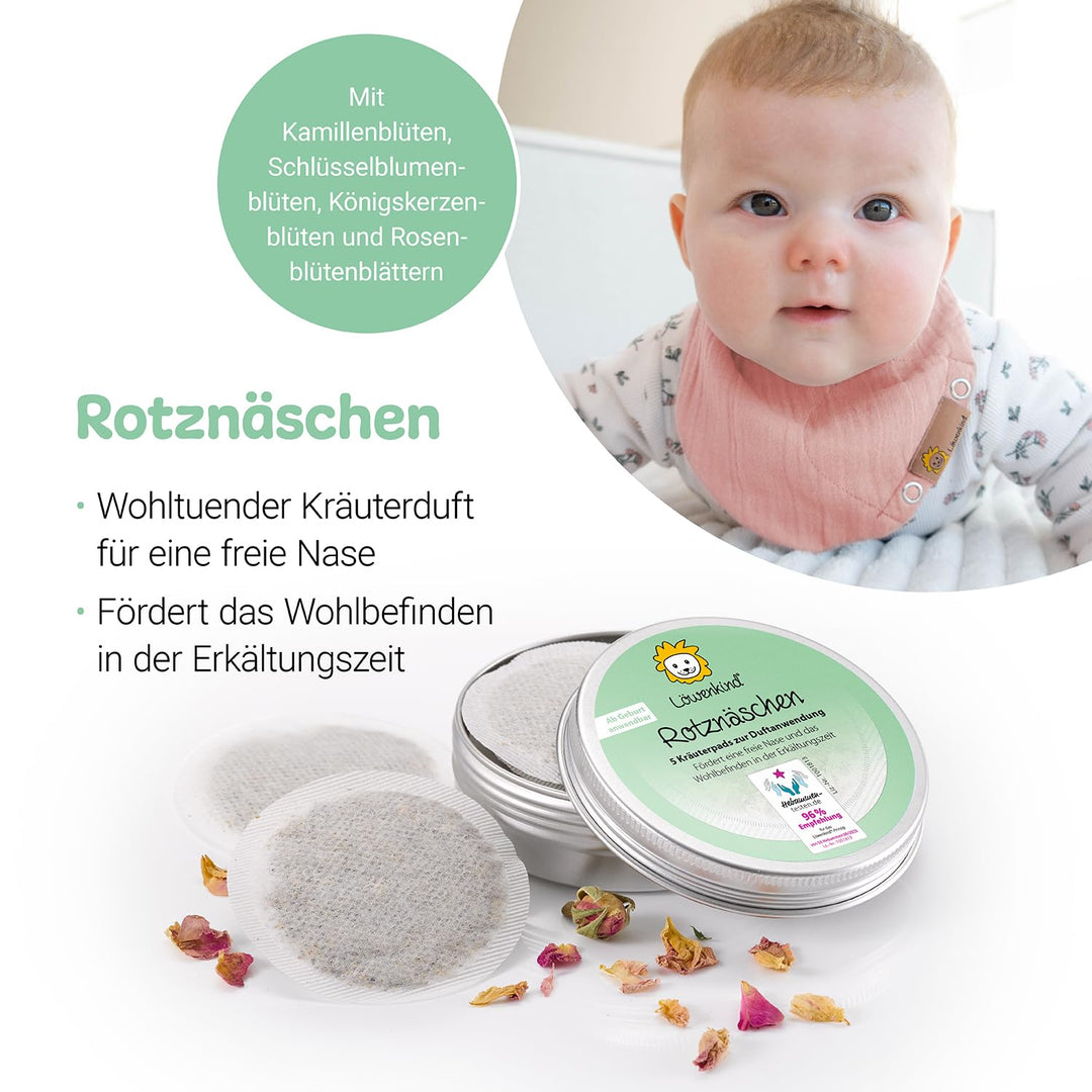 Löwenkind Geschenkset mit Dreieckshalstuch Mini (Altrosa) und Kräuterpads Gute-Nacht und Rotznäschen