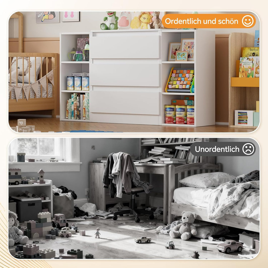 2-in-1 Wickelkommode mit abnehmbarem Wickelaufsatz,Baby Wickeltisch Weiss, Kommode mit 3 Schubladen