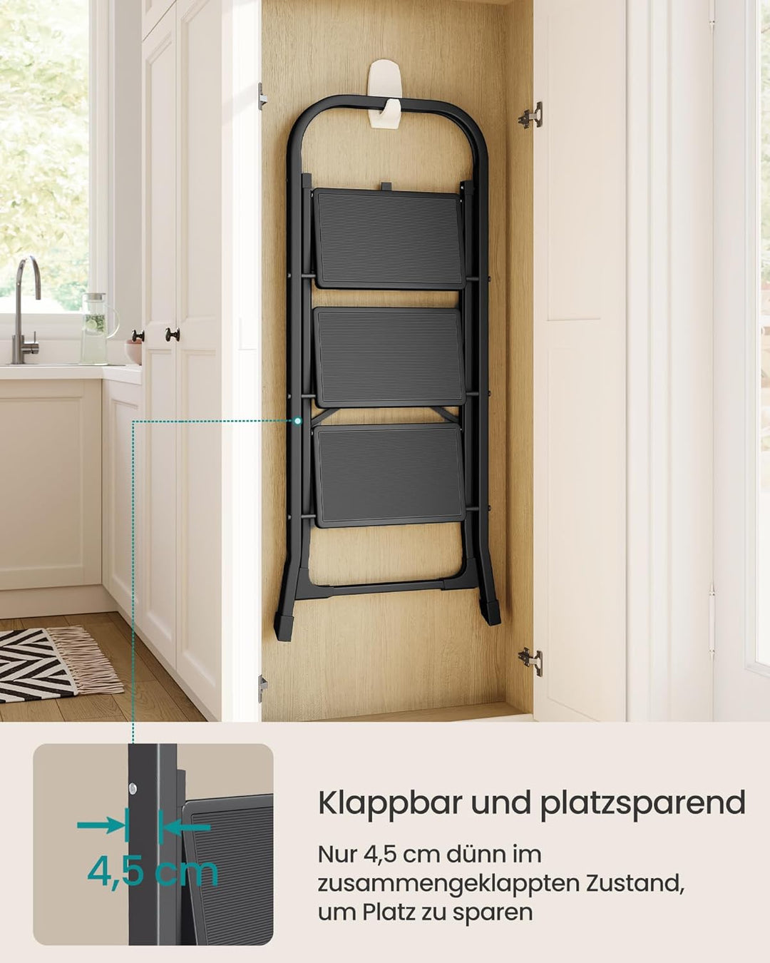 SONGMICS Trittleiter, Leiter mit 3 Stufen, Klapptritt, Klappsicherung, einfach zu verstauen, bis 150
