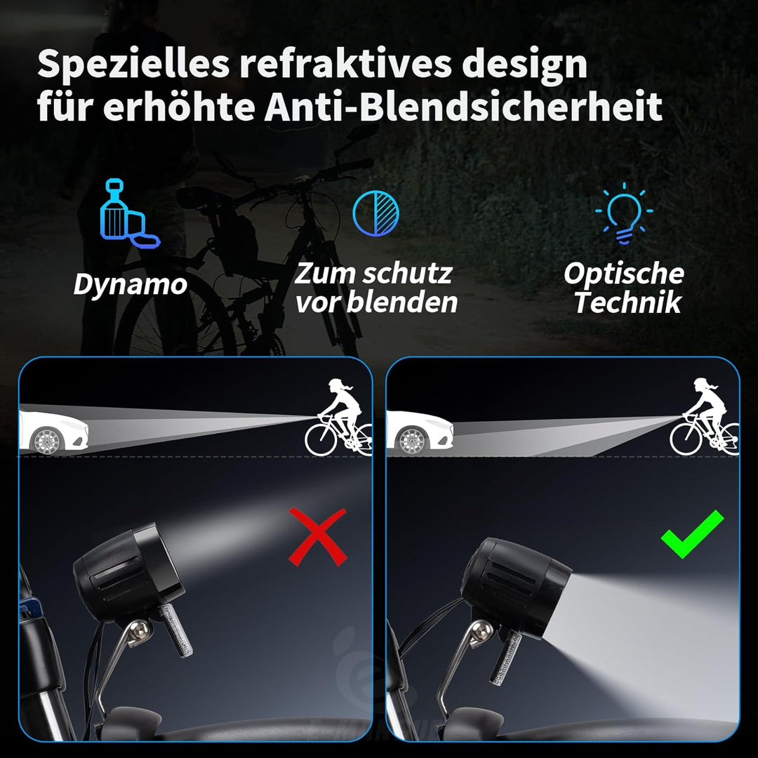 E-Bike LED Fahrradlicht Dynamo Vorne mit Lichtautomatik Standlicht, 60 LUX StVZO Zugelassen Dynamo F