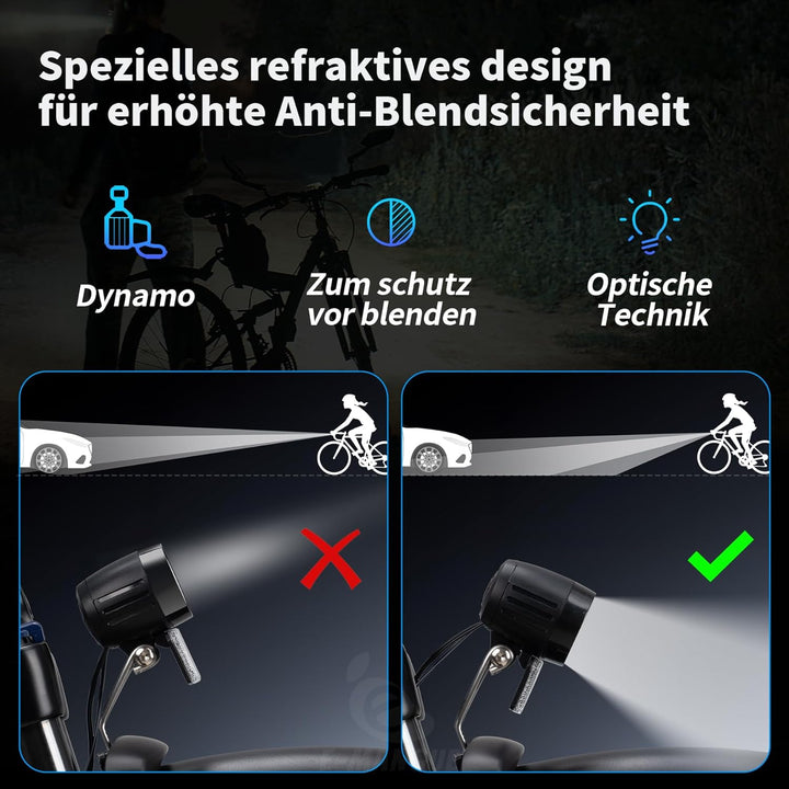 E-Bike LED Fahrradlicht Dynamo Vorne mit Lichtautomatik Standlicht, 60 LUX StVZO Zugelassen Dynamo F
