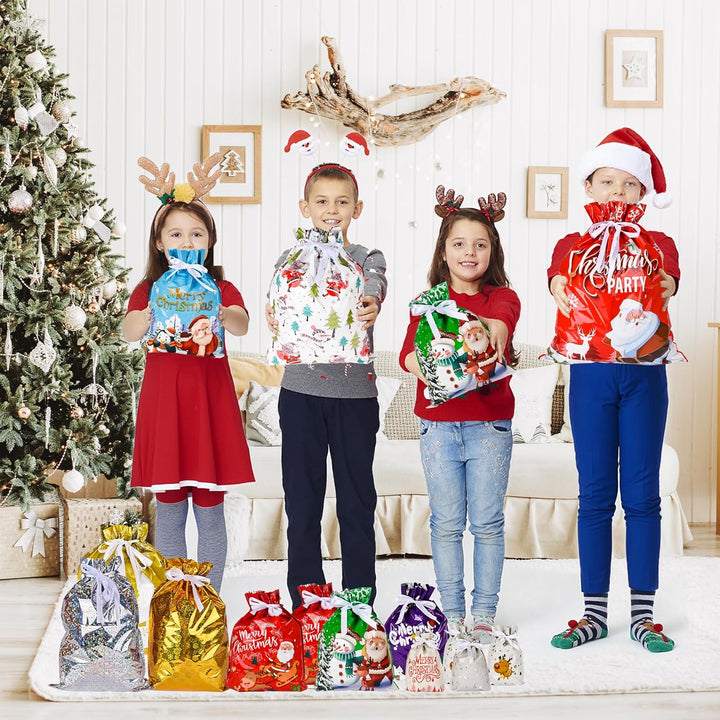Weihnachts Geschenkbeutel mit Kordelzug - 15 Stück mit 15 Anhängern, 7 Designs, 5 Grössen, Wiederver