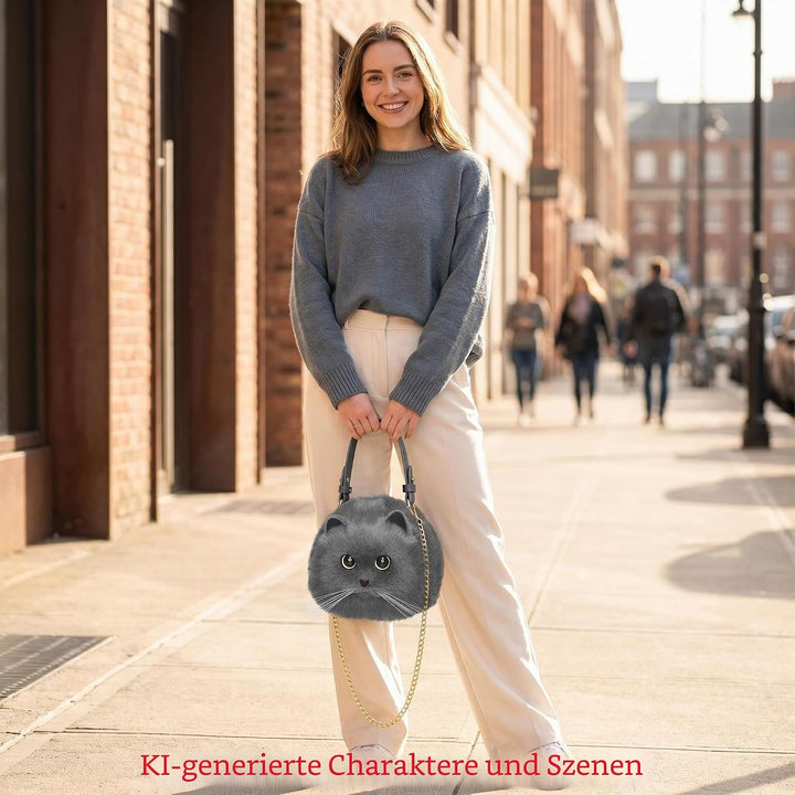 HUIJUFU Realistische Puffy-Plüsch-Katzentasche in Form Einer Umhängetasche für Frauen (Blaue Katze),