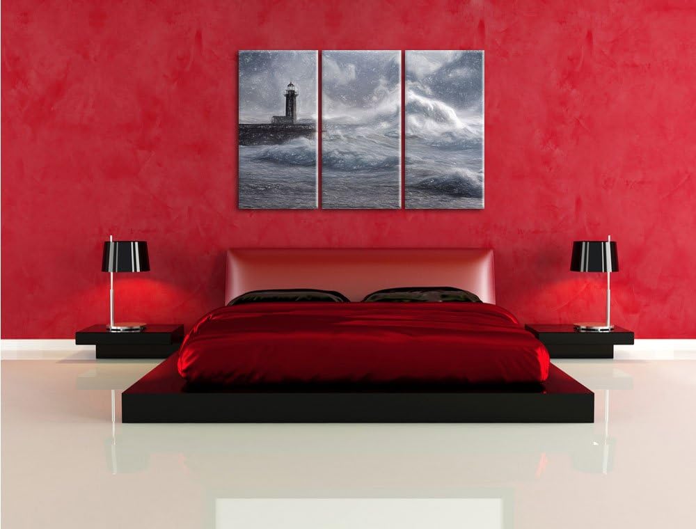Pixxprint Sturmwellen Leuchtturm Portugal Kunst Buntstift Effekt 3-Teiler Leinwandbild 120x80 Bild a