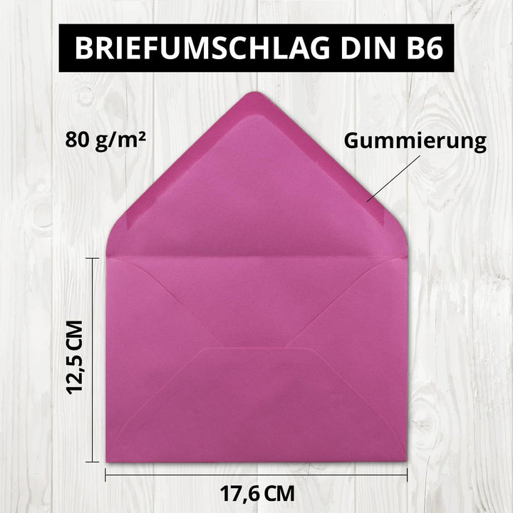 200x Brief-Umschläge in Pink - 80 g/m² - Kuverts in DIN B6 Format 12,5 x 17,6 cm - Nassklebung ohne