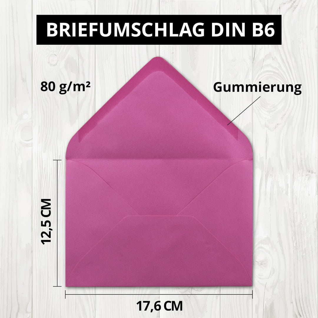 250x Brief-Umschläge in Pink - 80 g/m² - Kuverts in DIN B6 Format 12,5 x 17,6 cm - Nassklebung ohne