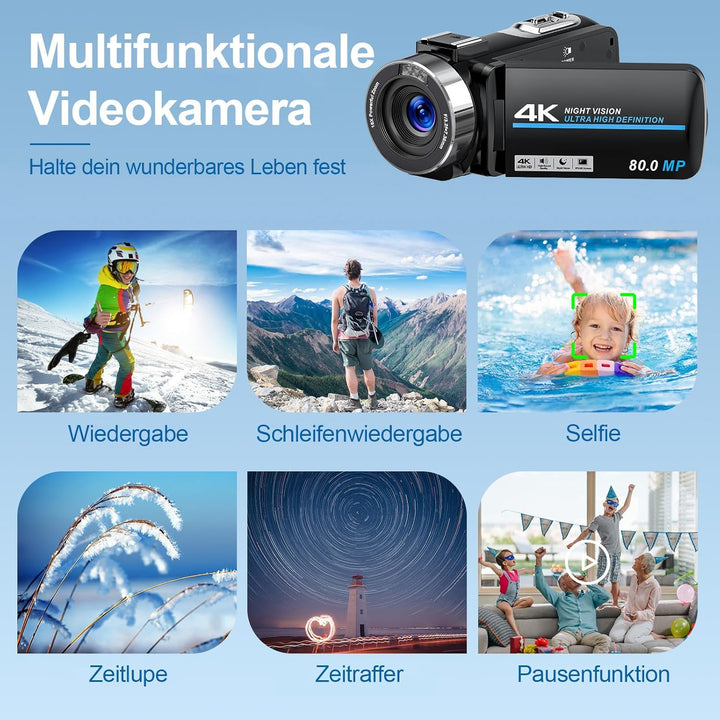 Videokamera 4K Camcorder, HD 80MP 30FPS IR Nachtversion Vlogging Kamera, 3.0-Zoll IPS Bildschirm 18X