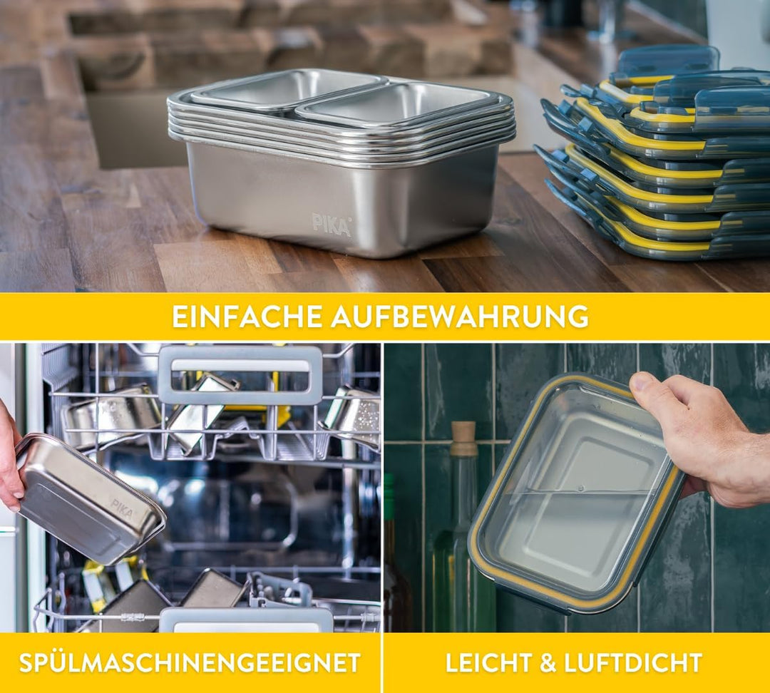 PIKA - 7 Lebensmittelbehälter aus Edelstahl – 3 x 820 ml + 2 x 1200 ml + 2 x 260 ml – luftdicht, gee