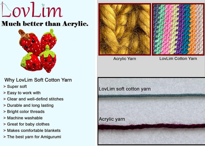 LovLim Häkelgarn-Set, 16 weiche Baumwollgarnknäuel, 914 m lang, zum Häkeln und Stricken, Häkel-/Amig