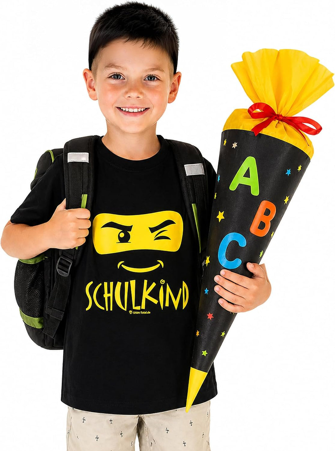 Kinder T-Shirt Schulkind Ninja Einschulungs-T-Shirt mit Wunschname auf dem Rücken, schwarz 134-140,