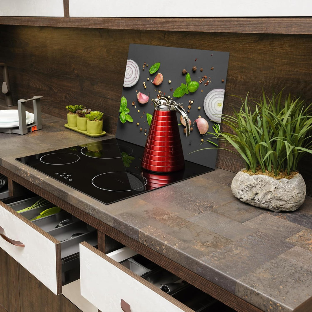 SmartDecoration Herdabdeckplatte Ceranfeldabdeckung aus Glas 60x52 cm Einteilig Motiv "Gemüse" Grau