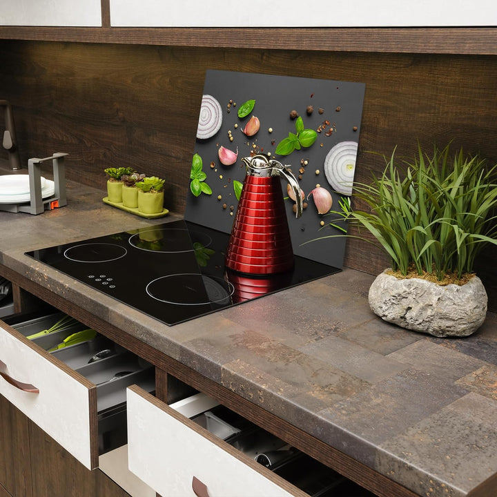 SmartDecoration Herdabdeckplatte Ceranfeldabdeckung aus Glas 60x52 cm Einteilig Motiv "Gemüse" Grau