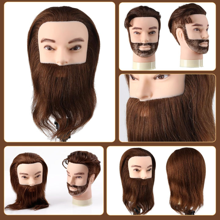 Mann Frisierkopf 100% Echthaar mit Bart Männlich Übungskopf Echthaar Friseur Kopf Puppenkopf Mannequ