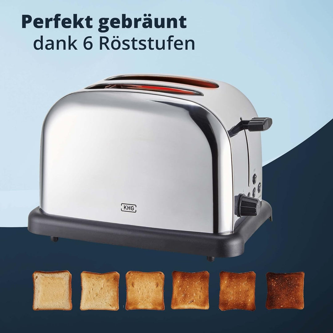 KHG Edelstahl Toaster in Chrom Optik mit Brötchenaufsatz, 2 Scheiben | 6 Bräunungsstufen mit Bräunun