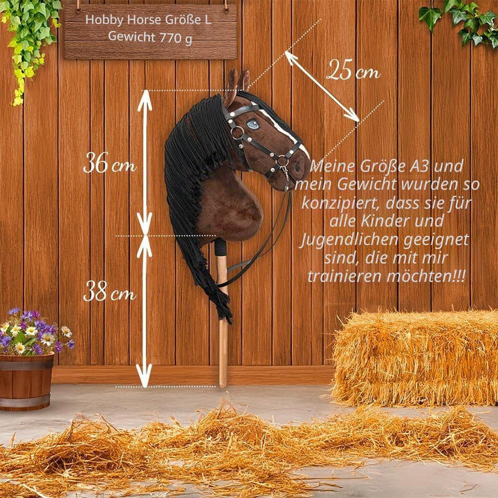 Hobby Horse A3 Bai Braun Rosshaar schwarz - Pferde - komplettes Zubehörset - Netz, Trense, Zügel, Ha