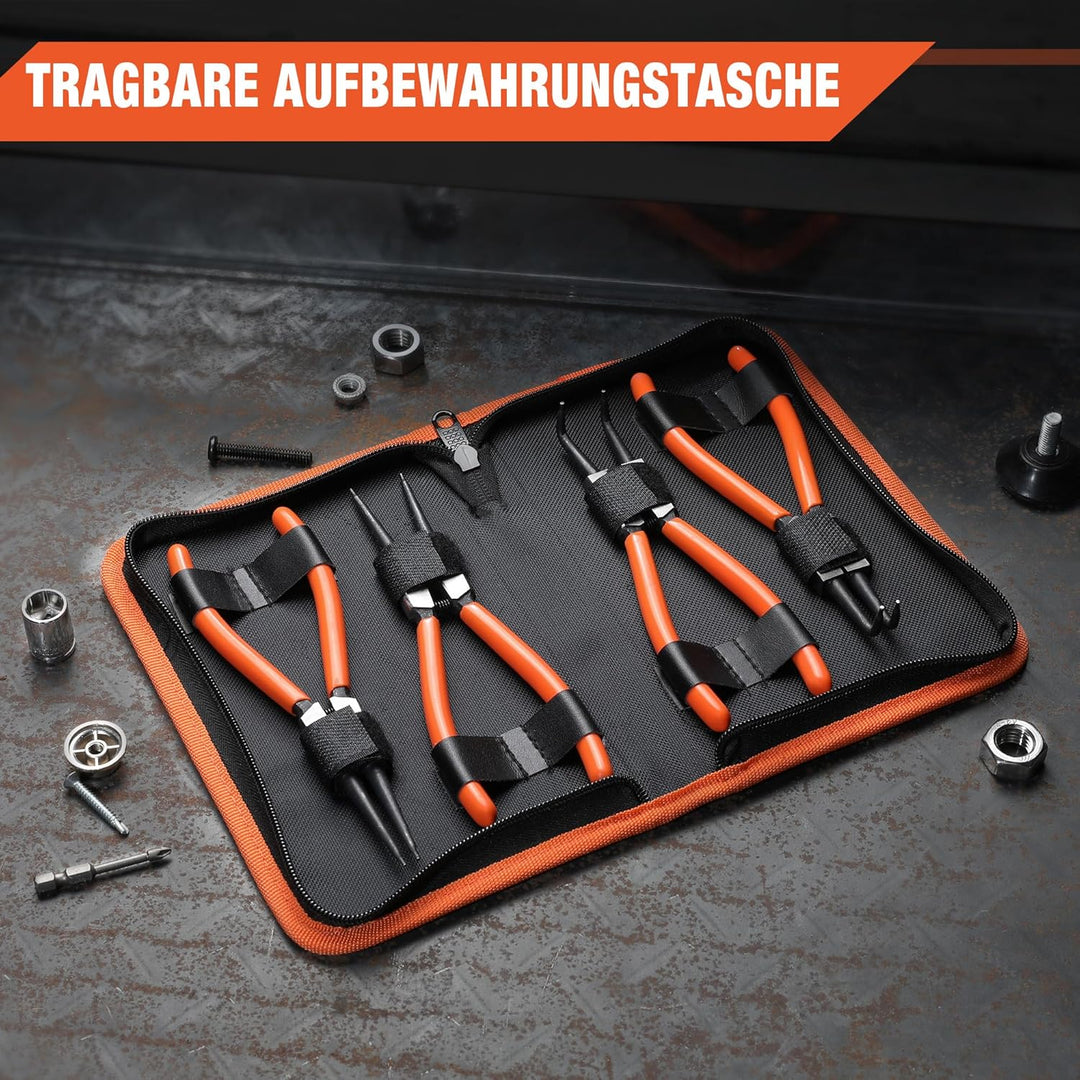 ValueMax Sprengringzangensatz 4tlg.,Sicherungsringzange Set 180mm mit Tasche, für Innen- und Aussens