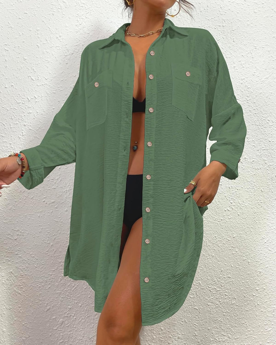 Bsubseach Badeanzug Coverups für Frauen Button Down Strand Shirt Kleid Badeanzug Cover Up Resort Wea