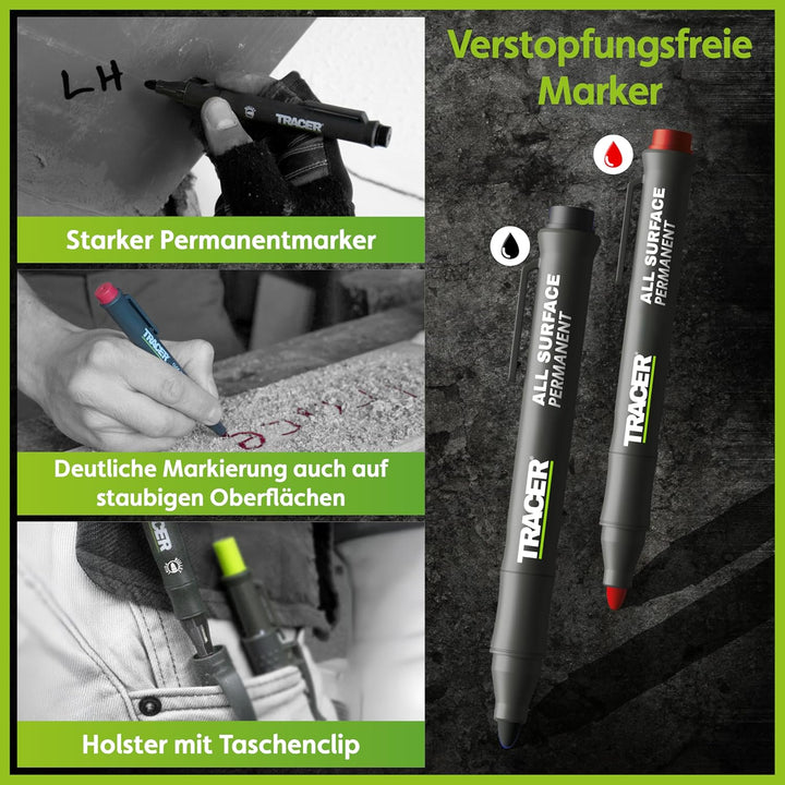 Tracer Markierungsset – Tiefloch-Schreinerbleistift, Ersatzminen x 6 und 2 verstopfungsfreie Marker
